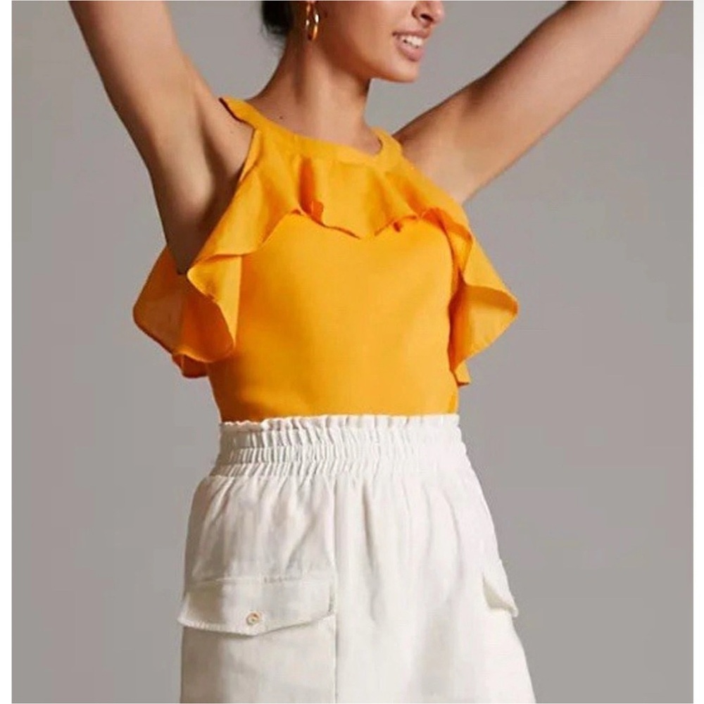Maeve Anthropologie Ruffled Ribbed Tank Top Shirt Mustard Yellow Women's Small